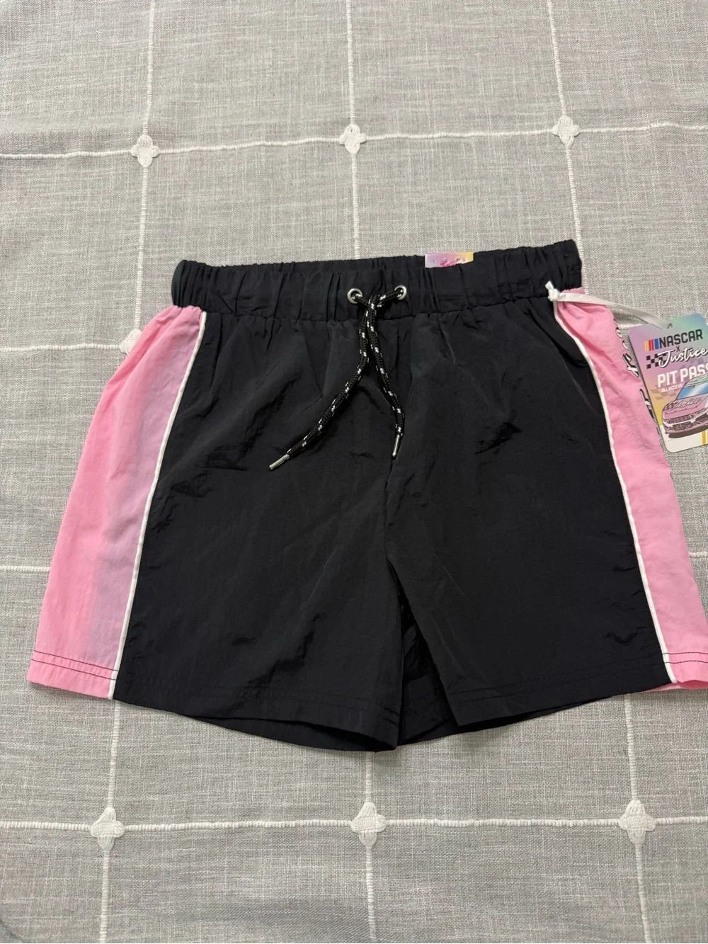 NWT Justice NASCAR Girl Black Shorts with Pink Side Panels and White Piping